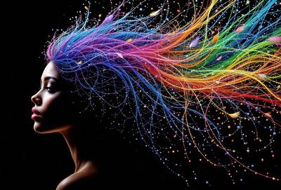 The primary subject of the image is a woman with a vibrant, colorful head of hair. The setting is a black background, which contrasts with the woman's hair and adds a dramatic effect to the image. The visual style is a combination of photo and digital art, creating a unique and eye-catching representation of the woman's hair. The colors and mood of the image are lively and energetic, with the woman's hair being the main focus and source of visual interest.